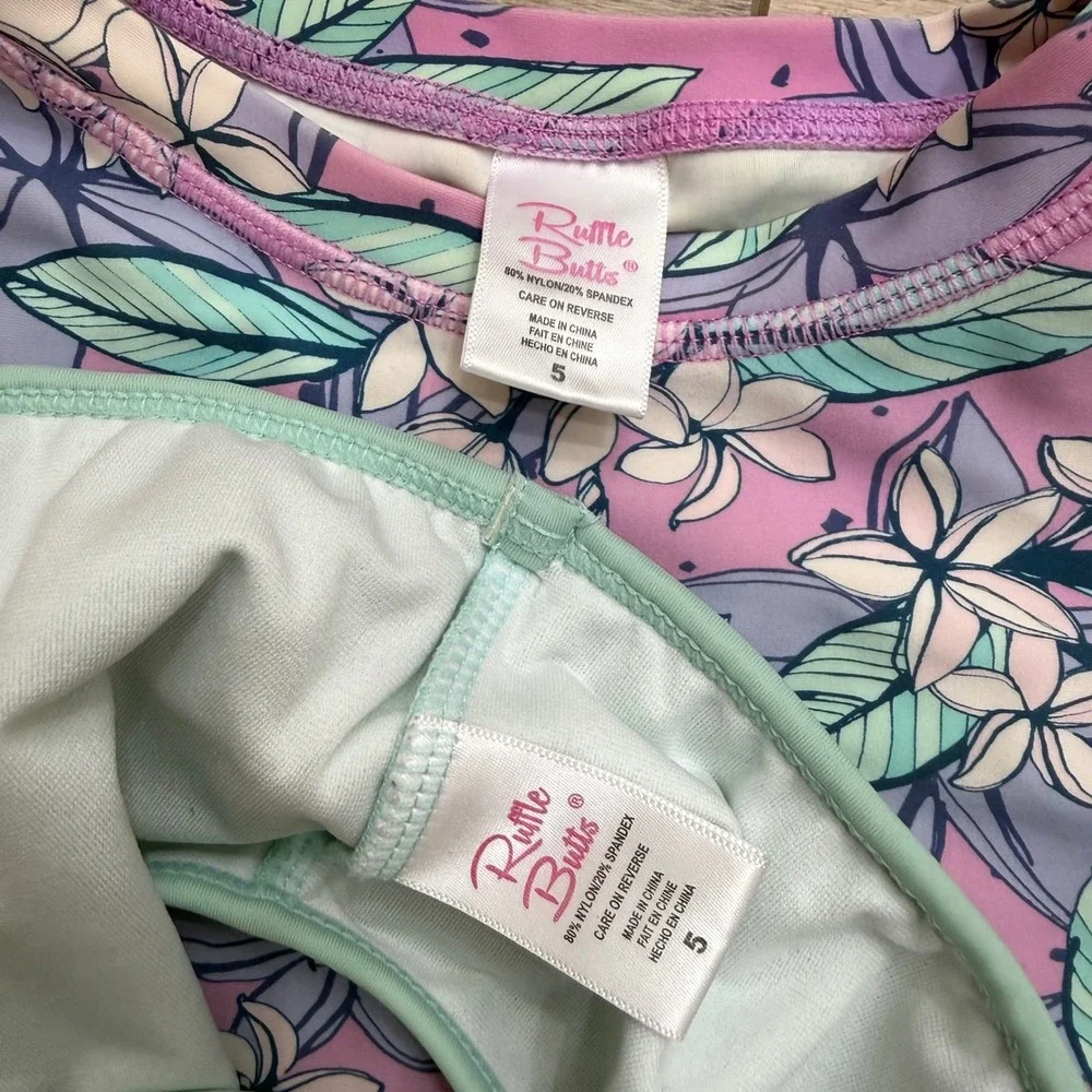 RuffleButts Girls Size 5 Floral Rash Guard and Ruffle Bikini Bottom Swim Set